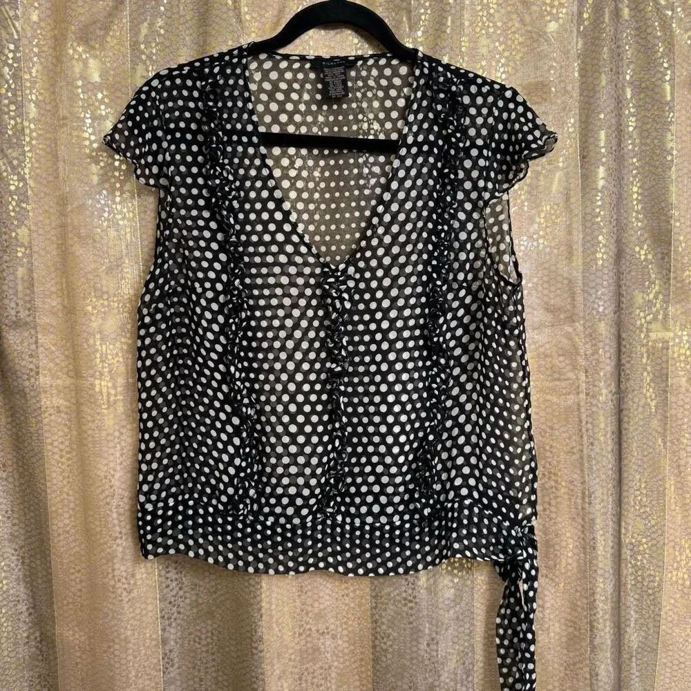SilkLand Vintage Y2K Black White Polka Dot 100% Silk Ruffle Sheer Top XL